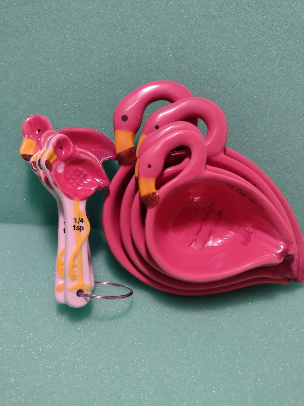 Ceramic Pink Flamingo Nesting Measuring Cups  and Measuring Spoons Set of 4 Each